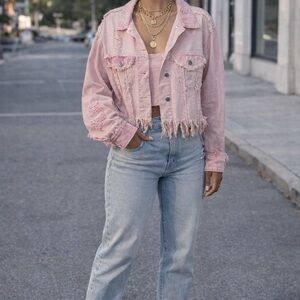 POL Pink Distressed Jean Jacket